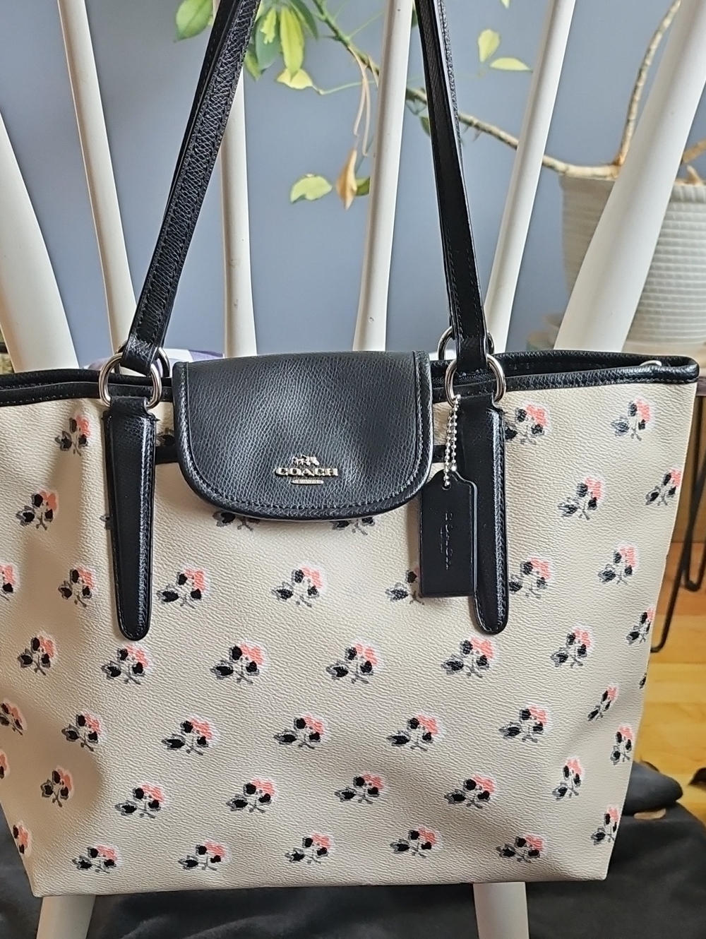 Coach Floral Print Tote Bag in Cream and Black